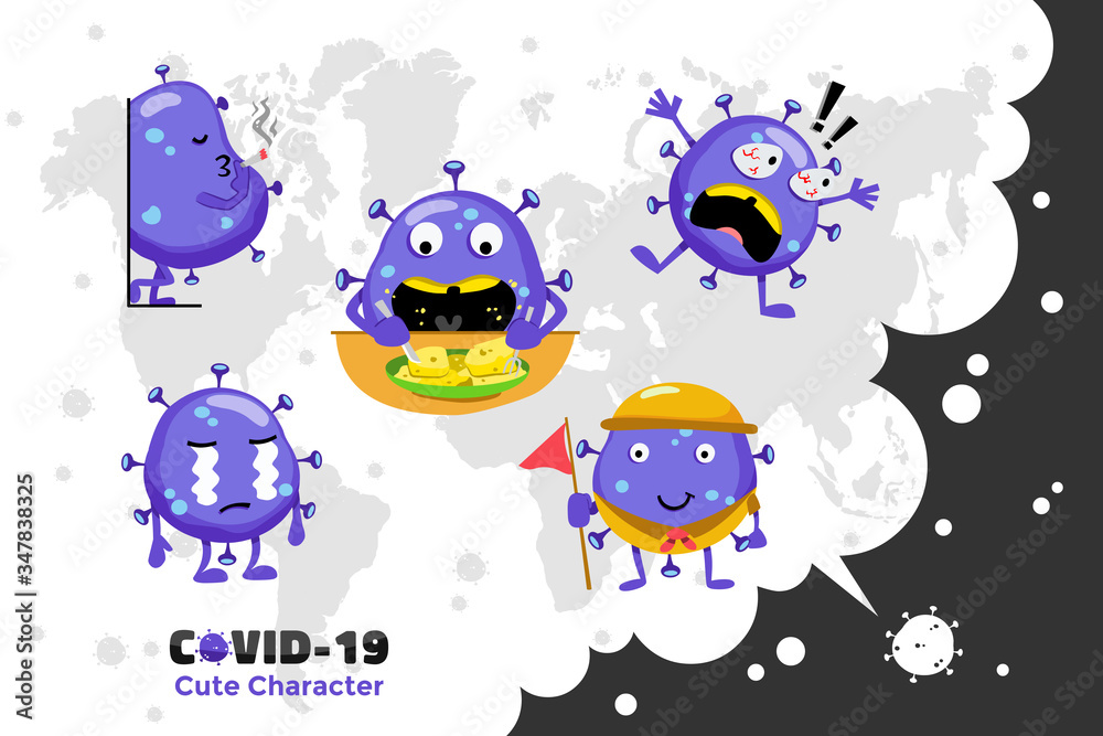 Covid-19 Coronavirus inspiration design. Cute vector character of Coronavirus in the world. Cry, shocked and eating Covid-19 Coronavirus inspiration design. Cute vector character of Coronavirus in the world. Cry, shocked and eating