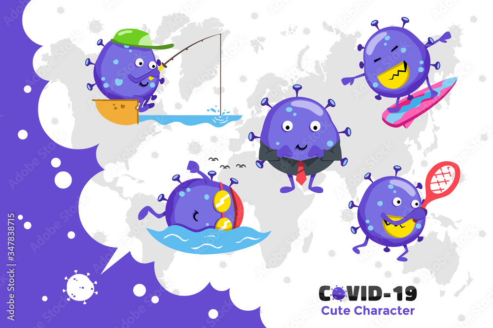 Covid-19 Coronavirus inspiration design. Cute vector character of Coronavirus in the world. Fishing, swimming and surfing pose