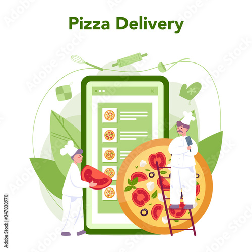Pizzeria online service or platform. Chef cooking tasty delicious