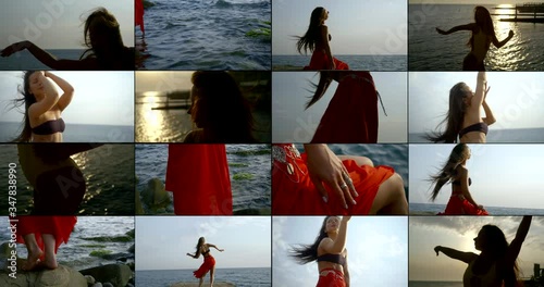 sensual woman is dancing alone on sea beach in summer, collage