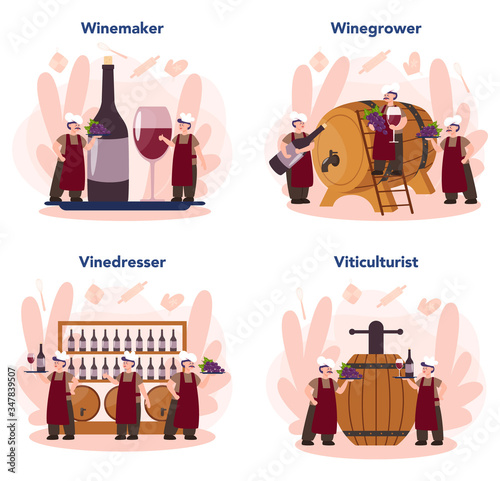 Wine maker concept set. Man wearing his apron with a bottle of a red
