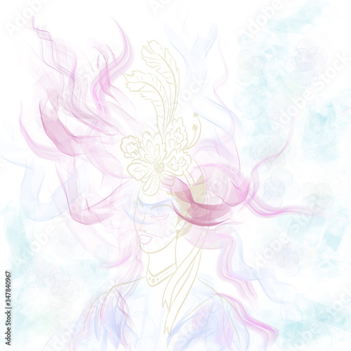 abstact woman head with long waves and lines