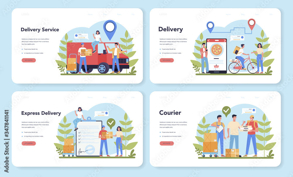 Delivery service web banner or landing page set. Courier in uniform Delivery service web banner or landing page set. Courier in uniform