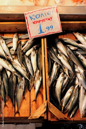 Stall with anchovies in the central  market of Athens, Greece. photo