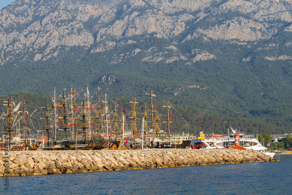 Touristic retro old ships anchored in Kemer