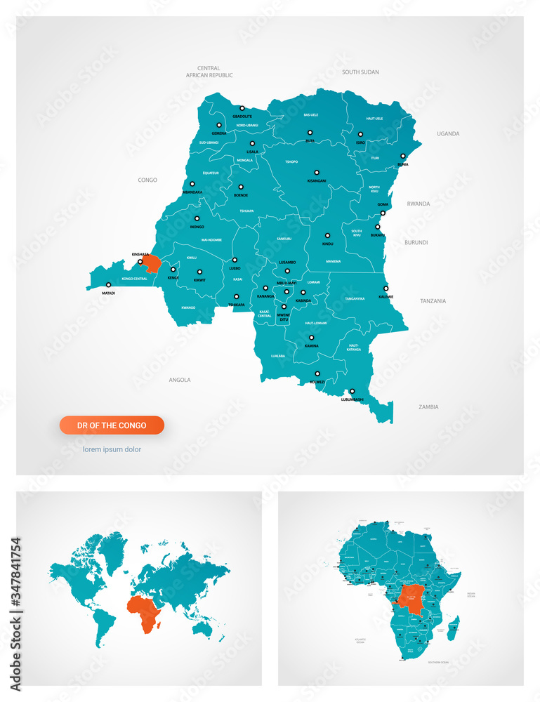 Obraz premium Editable template of map of DR of the Congo with marks. DR of the Congo on world map and on Africa map.