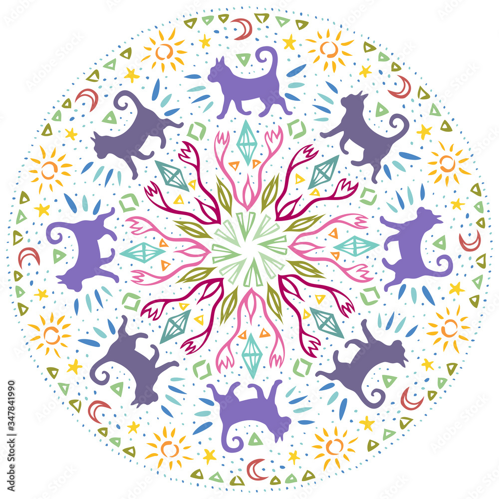 Mandala with cats silhouettes walking through abstract garden.