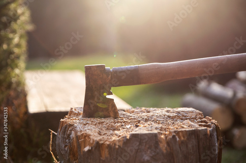 Old, worn, scratched, sharp ax standing on a wooden, cracked tree stump. Axe set in chopping block. 
