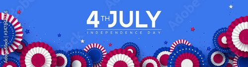 4th of July, USA Independence day banner. Paper fans in colors of American flag with confetti and stars. Vector illustration.