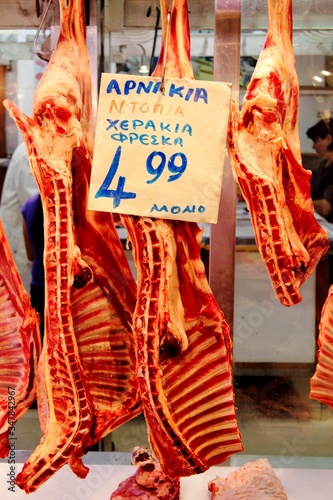 Stalls with meat at the central market of Athens, Greece.