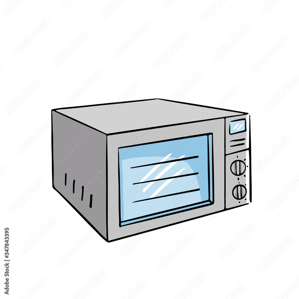 Vector electric microwave for the kitchen. The device for frying, grilling, heating. Illustration on the theme of cuisine, cooking, recipes, kitchen items isolated on white background. Vector electric microwave for the kitchen. The device for frying, grilling, heating. Illustration on the theme of cuisine, cooking, recipes, kitchen items isolated on white background.