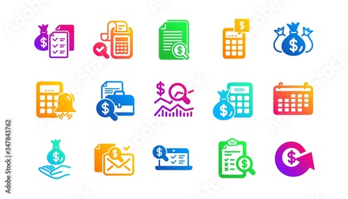 Report, Calculator and Checklist. Accounting icons. Money classic icon set. Gradient patterns. Quality signs set. Vector