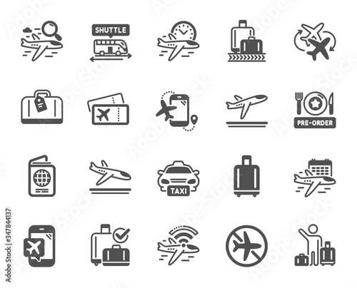Airport icons. Boarding pass, Baggage claim, Arrival and Departure. Connecting flight, tickets, pre-order food icons. Passport control, airport baggage carousel, inflight wifi. Vector