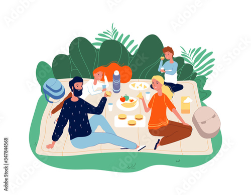 Happy family time. Parents and kids on picnic. Adults, children eating and talking. Cool weekend, bbq in park vector concept. Picnic park together, outdoor barbecue cartoon illustration