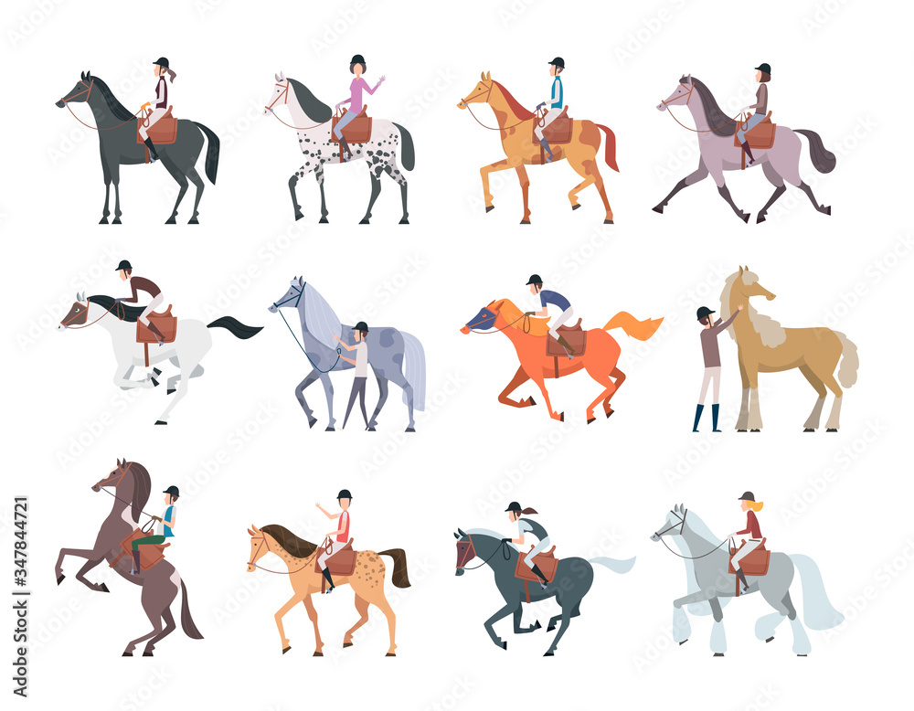 Horse riders. Equestrian sport people sitting walking on strong domestic horses and pony persons breeds racing animals vector. Horseman run, equine and jockey, sport equestrian illustration