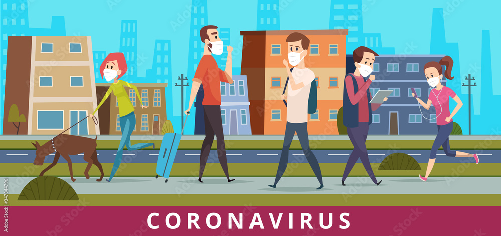 Coronavirus. People in city air nCoV virus protection walking in mask pollution vector healthcare medical concept cartoon background. Illustration protection coronavirus, protective and prevention