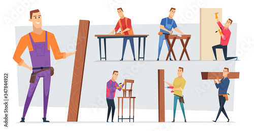 Carpentry job. Handyman character or craftsman professional working making wooden building roof vector job cartoon concept background. Craftsman worker with equipment, handyman builder illustration