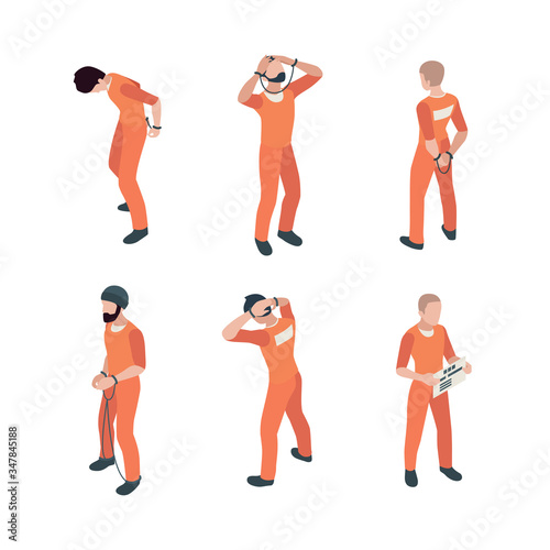 Prisoner characters. Jail guy bandit thief in specific costumes vector person in action poses. Prisoner character, criminal man in handcuff illustration