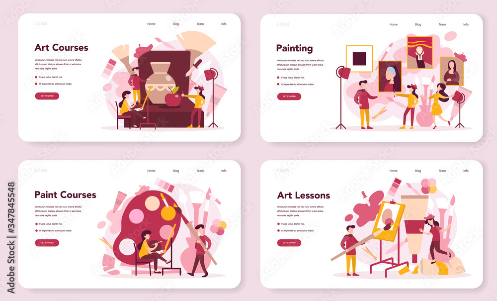 Fototapeta premium Art education web banner or landing page set. Male and female artist