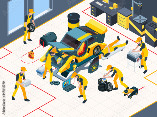 Car service. Workers mechanic repairing automobile change engine and wheels in garage interior vector inspection team isometric. Illustration auto mechanic, workshop automobile, car garage