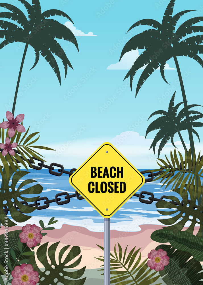 Fototapeta premium Summertime on the beach. Palms and plants around.Cartoon vector illustration. Summer vacation on sea coast