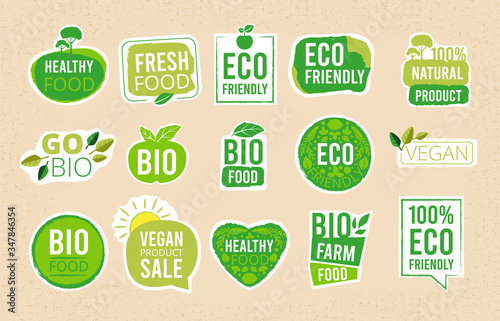 Vegetarian labels. Eco healthy fresh food tags natural products badges organic symbols vector stamps collection. Eco badge, bio quality sale illustration