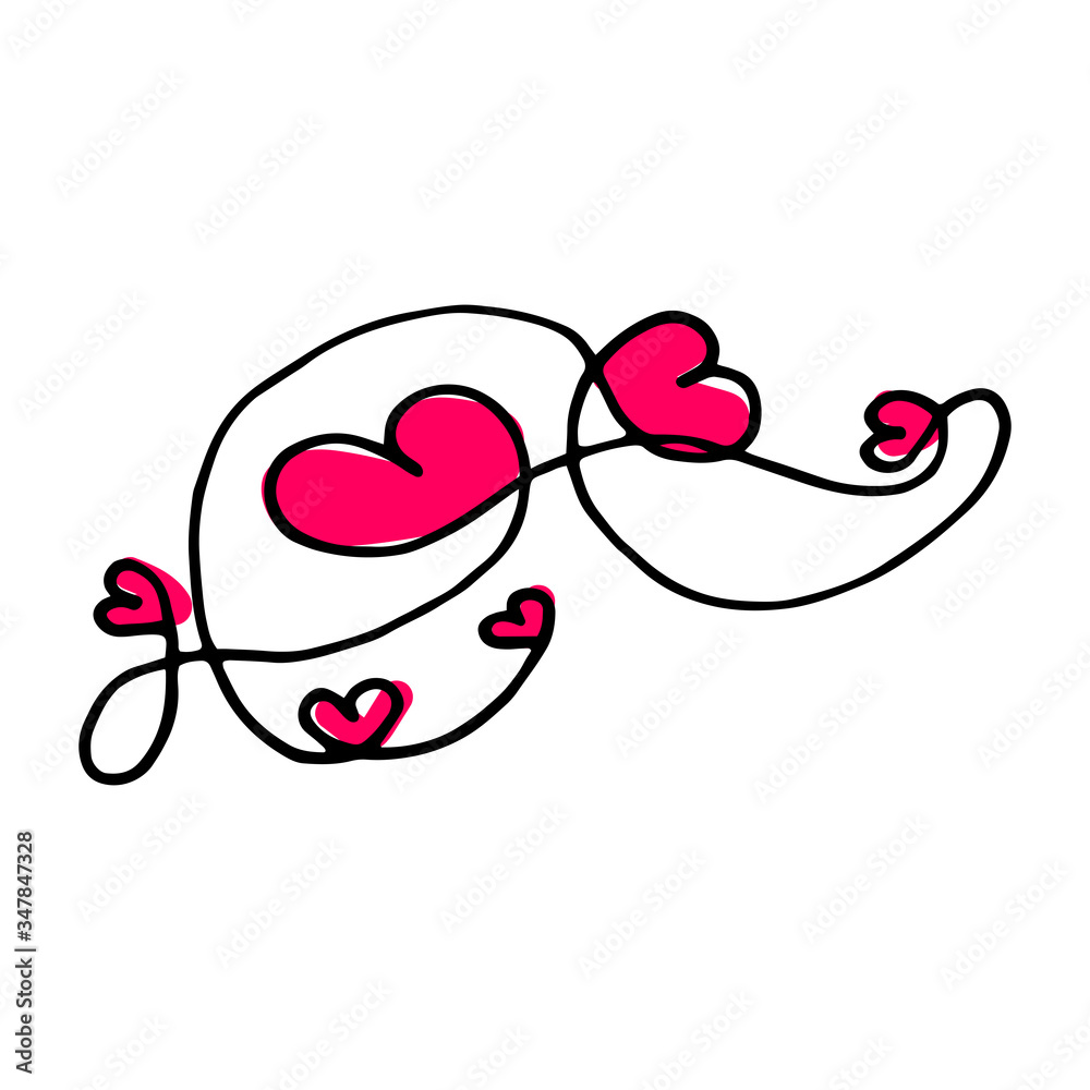 Line art doodle hearts. Cute hand-drawn black outline of hearts. Pink love signs isolated on a white background. Vector stock illustration for Valentine's Day, weddings, cards. Tangled messy line
