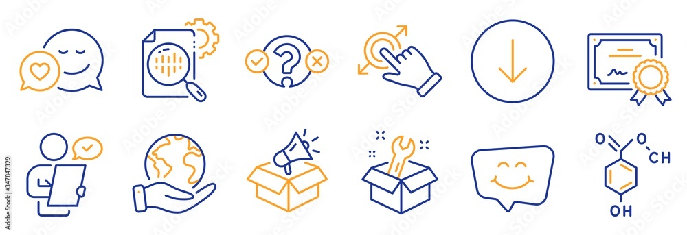 Set of Technology icons, such as Dating, Scroll down. Certificate, save planet. Quiz test, Touchscreen gesture, Spanner. Chemical formula, Smile chat, Seo stats. Vector Set of Technology icons, such as Dating, Scroll down. Certificate, save planet. Quiz test, Touchscreen gesture, Spanner. Chemical formula, Smile chat, Seo stats. Vector