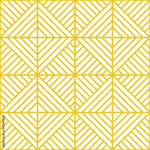 Seamless golden pattern. Mosaic geometric background with squares, rhombuses, diagonal lines. Vector gold stripes illustration for wallpaper, wrapping paper, prints, textiles. Ornament tile image