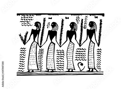 Stylized antique vector ornament. Hand drawn black silhouettes of women on a white background. Girls in dresses holding hands in a historical illustration. Elements of stripes, dots, plants
