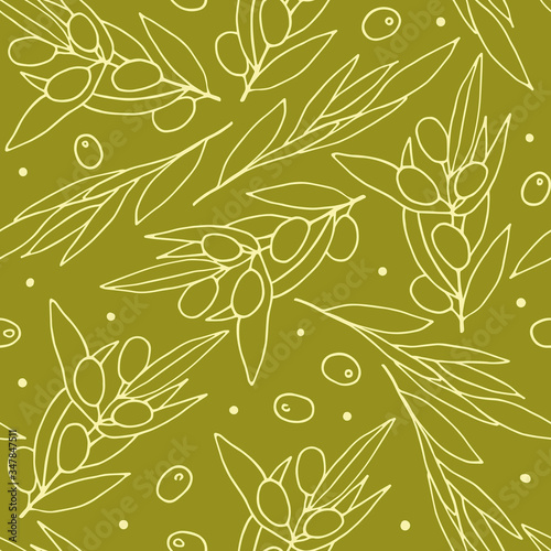 Seamless pattern Olives. White Outline olive branches isolated on olive background. Randomly arranged Berries and olive leaves. Vector natural product stock illustration for packaging, wrapping paper
