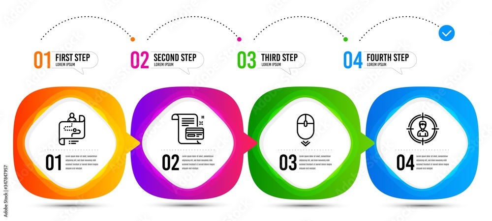 Scroll down, Headhunting and Payment card line icons set. Timeline steps. Journey path sign. Mouse swipe, Person in target, Agreement conditions. Project process. Business set. Vector Scroll down, Headhunting and Payment card line icons set. Timeline steps. Journey path sign. Mouse swipe, Person in target, Agreement conditions. Project process. Business set. Vector