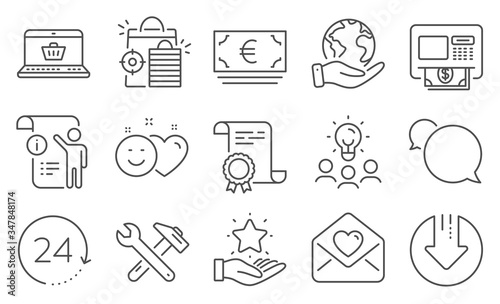 Set of Business icons, such as 24 hours, Smile. Diploma, ideas, save planet. Download arrow, Manual doc, Atm. Online shopping, Seo shopping, Loyalty program. Vector
