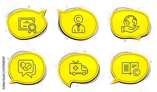 Ambulance car sign. Diploma certificate, save planet chat bubbles. Copyrighter, Medical drugs and Copyright line icons set. Writer person, Medicine pills, Copywriting book. Emergency transport. Vector