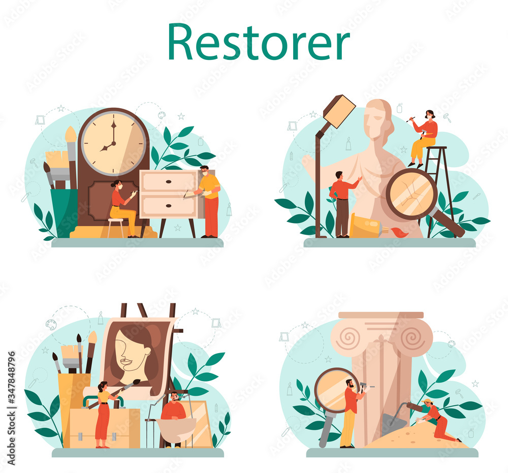 Restorer concept set. Artist restores an ancient statue, old painting Restorer concept set. Artist restores an ancient statue, old painting