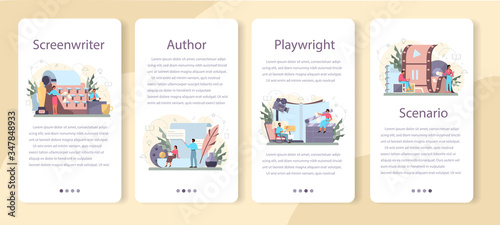 Screenwriter mobile application banner set. Person create a screenplay