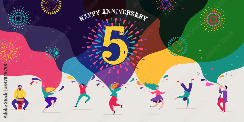 Anniversary celebration. Happy people dancing, playing music, celebrating. Vector illustration, banner, poster