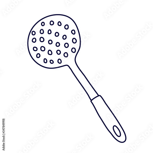 Skimmer slotted spoon in doodle style. Kitchen tool. Hand drawn vector illustration in black ink isolated on white background. 