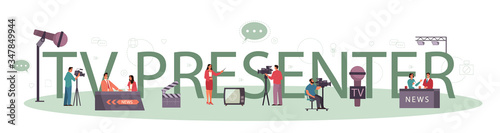 TV presenter typographic header concept. Television host in studio.