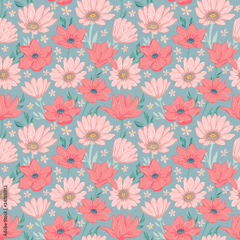 Flowers seamless pattern. Tile vector illustration of endless petals and flowers.