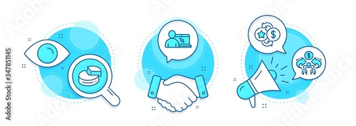 Pie chart, Sharing economy and Online education line icons set. Handshake deal, research and promotion complex icons. Loyalty points sign. 3d graph, Share, Internet lectures. Change dollar. Vector
