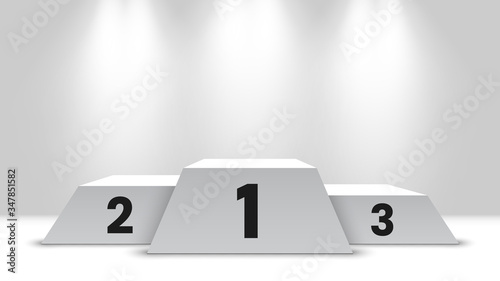 White winners podium with spotlights. Pedestal. Vector illustration. 