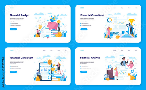Financial analyst or consultant web banner or landing page set.