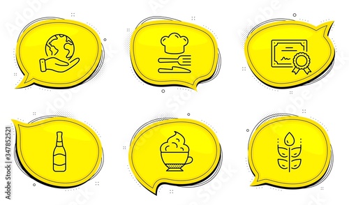 Cappuccino cream sign. Diploma certificate, save planet chat bubbles. Food, Gluten free and Beer bottle line icons set. Chef hat, Bio ingredients, Brewery. Coffee with whipped cream. Vector