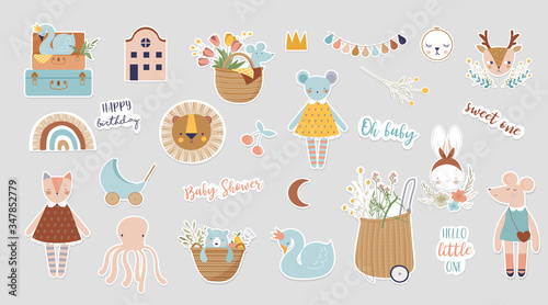 Trendy baby and children illustrations, stickers, tattoos. Vintage style. Vector illustrations