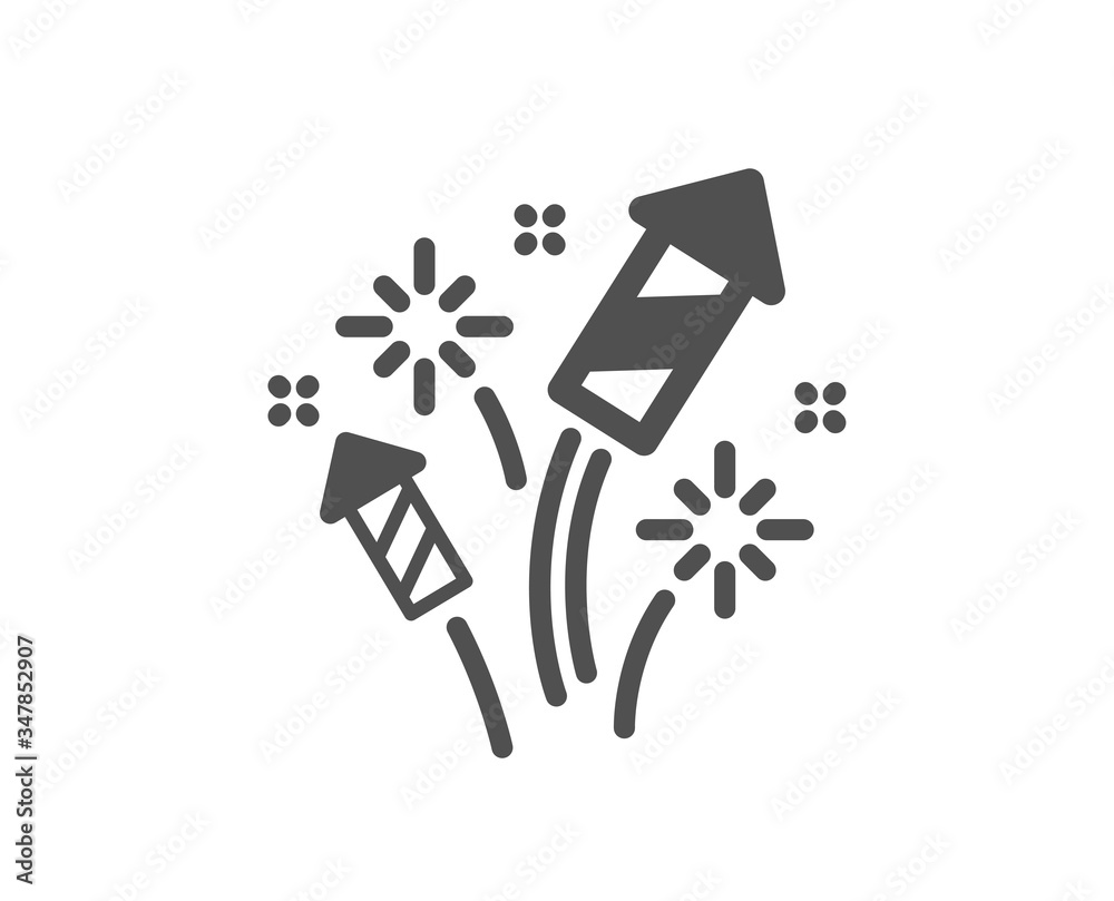 Fototapeta premium Fireworks rocket icon. Pyrotechnic salute sign. Carnival celebration lights symbol. Classic flat style. Quality design element. Simple fireworks rocket icon. Vector