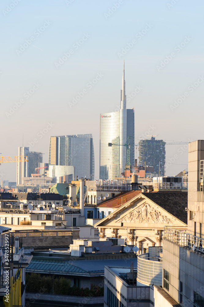 Milano, Italy, march 22, 2019: from the roof top of the Duomo church, the view of the new modern district 