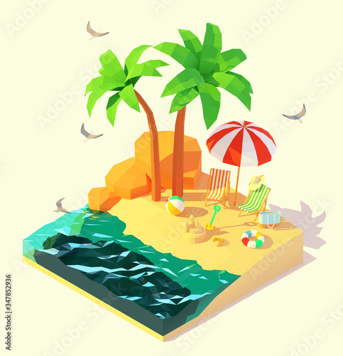 Vector isometric summer beach holidays illustration. Beach deck chairs, umbrella, swim ring, sand castle on the tropical sandy beach under palm trees. Summer vacation