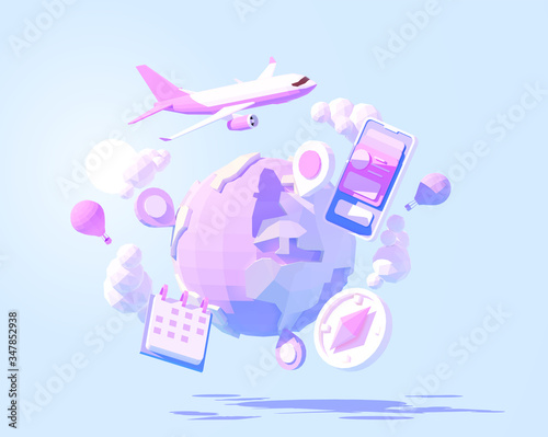 Vector airplane travel around the World illustration. International air travel around the planet. Global tourism. Online flight planning, buying or booking air flight tickets