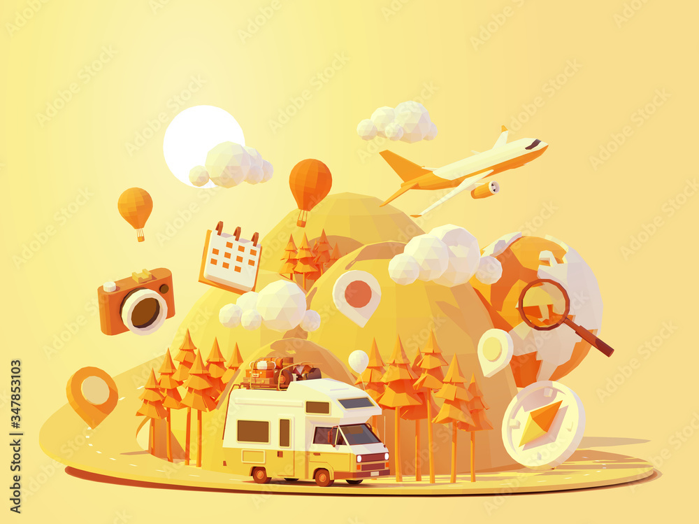 Naklejka premium Vector camper van travel summer adventures illustration. Retro caravan road trip. Road between mountains with pine trees, hot air balloons. Summer vacation and tourism in RV. Holiday nostalgia